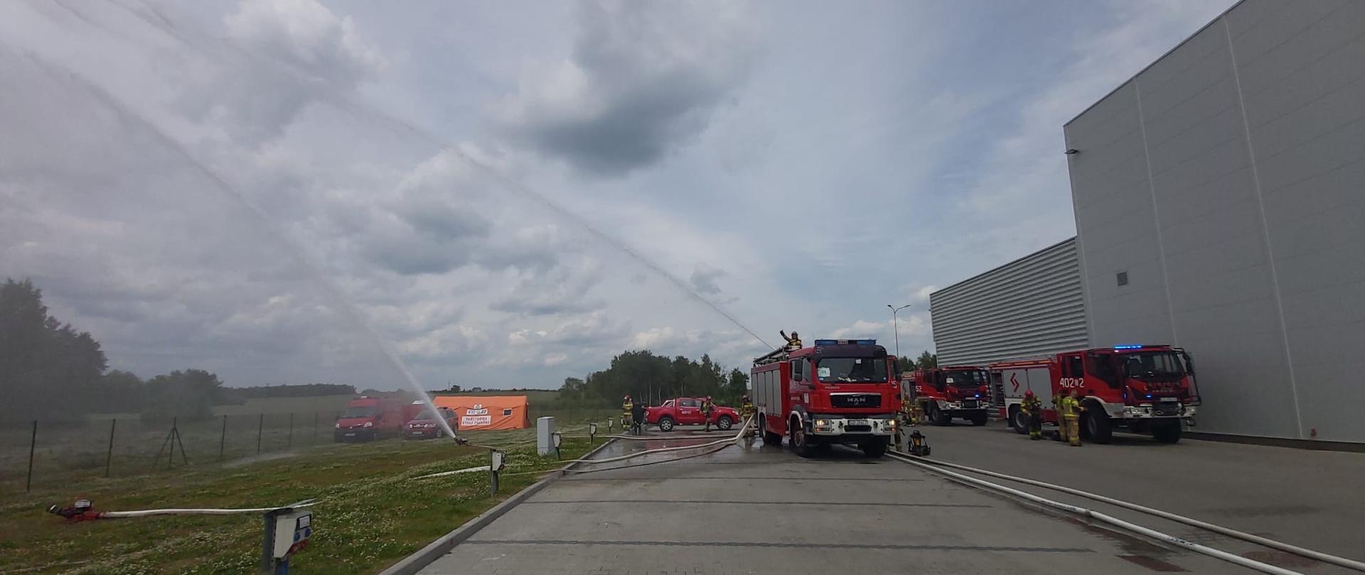 Na zdjęciu strażacy podają wodę na zagrożony pożarem las z użyciem działek wodnych