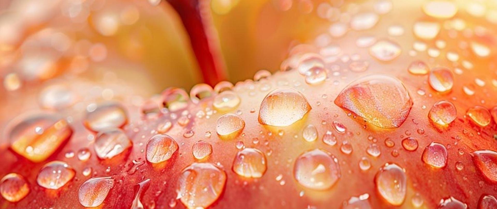 Na fotografii widoczne czerwone jabłko w przybliżeniu. Na jabłku widać krople wody.