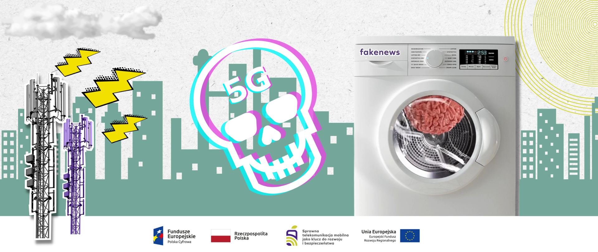Element graficzny - straszne wieże telekomunikacyjne, czaszka z 5G oraz piorący się w pralce mózg. 