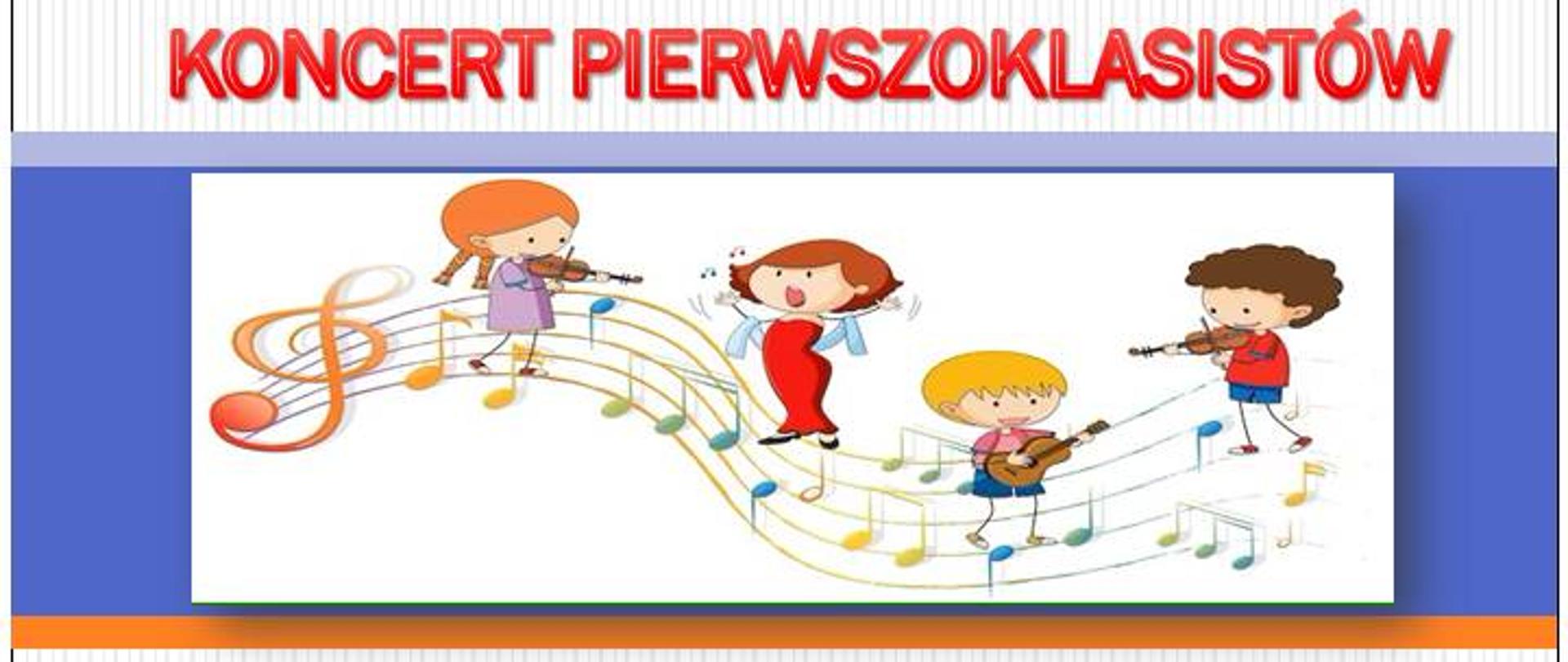 Jasne tło, u góry wąski obrazek na niebieskim tle przedstawiający pięciolinię i grające dzieci . Informacje o koncercie.