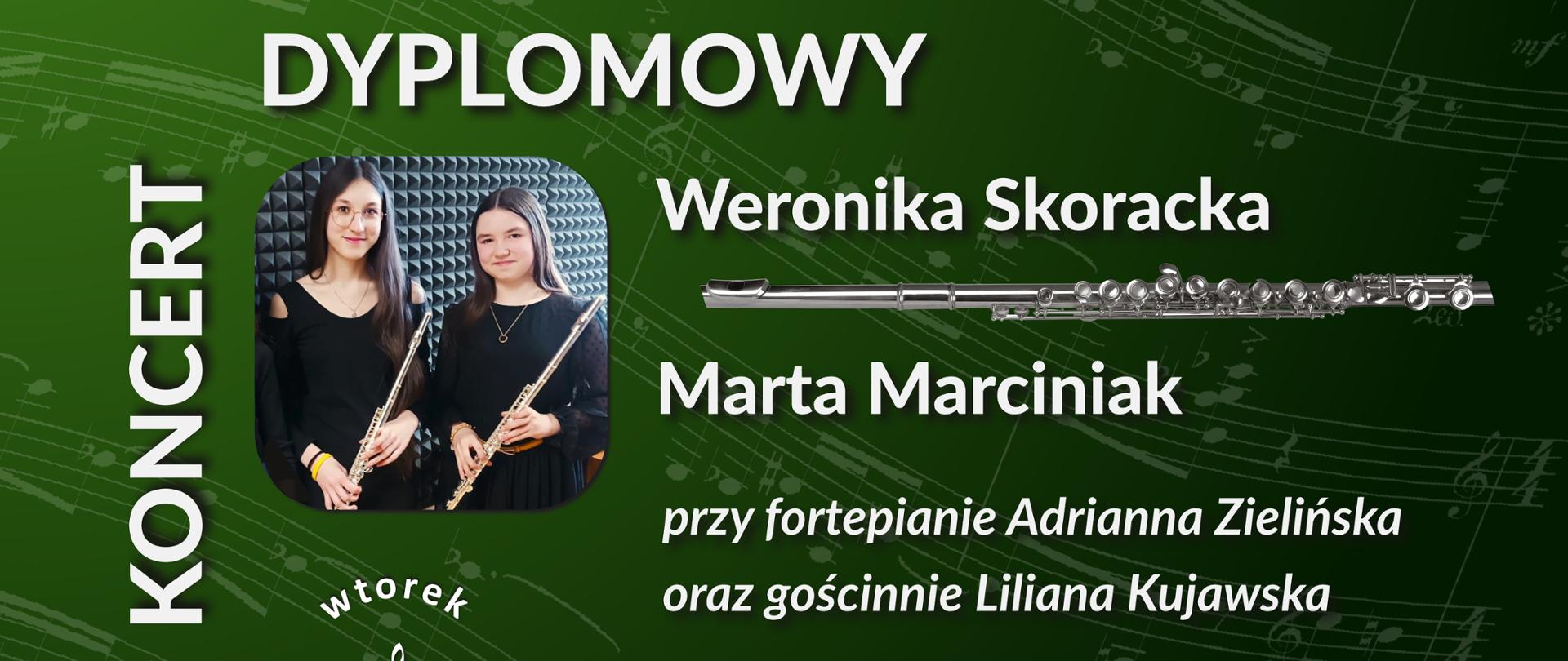 plakat Koncertu dyplomowego Weroniki Skorackiej i Marty Marciniak - flet na ciemnozielonym tle ze zdjęciem flecistek