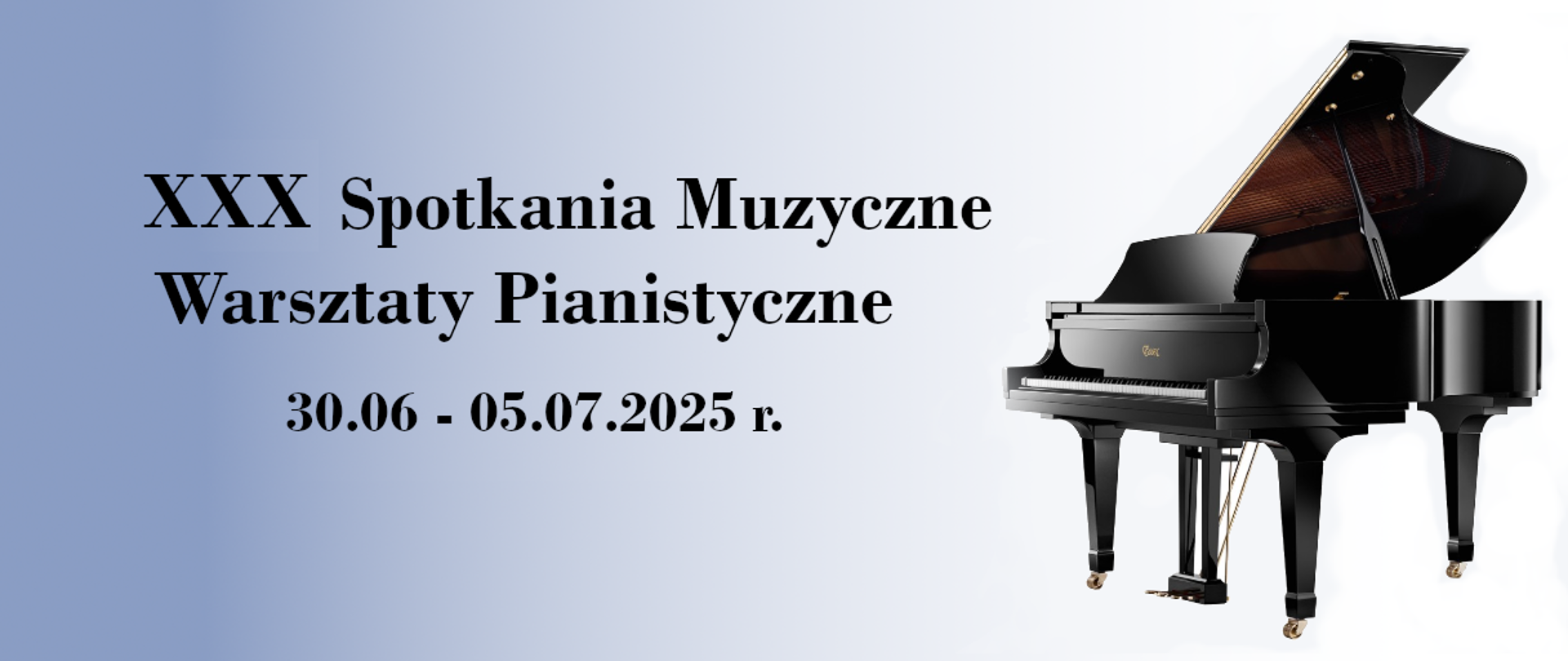 Na jasnym tle zdjęcie fortepianu oraz napis XXX Spotkania Muzyczne Warsztaty Pianistyczne