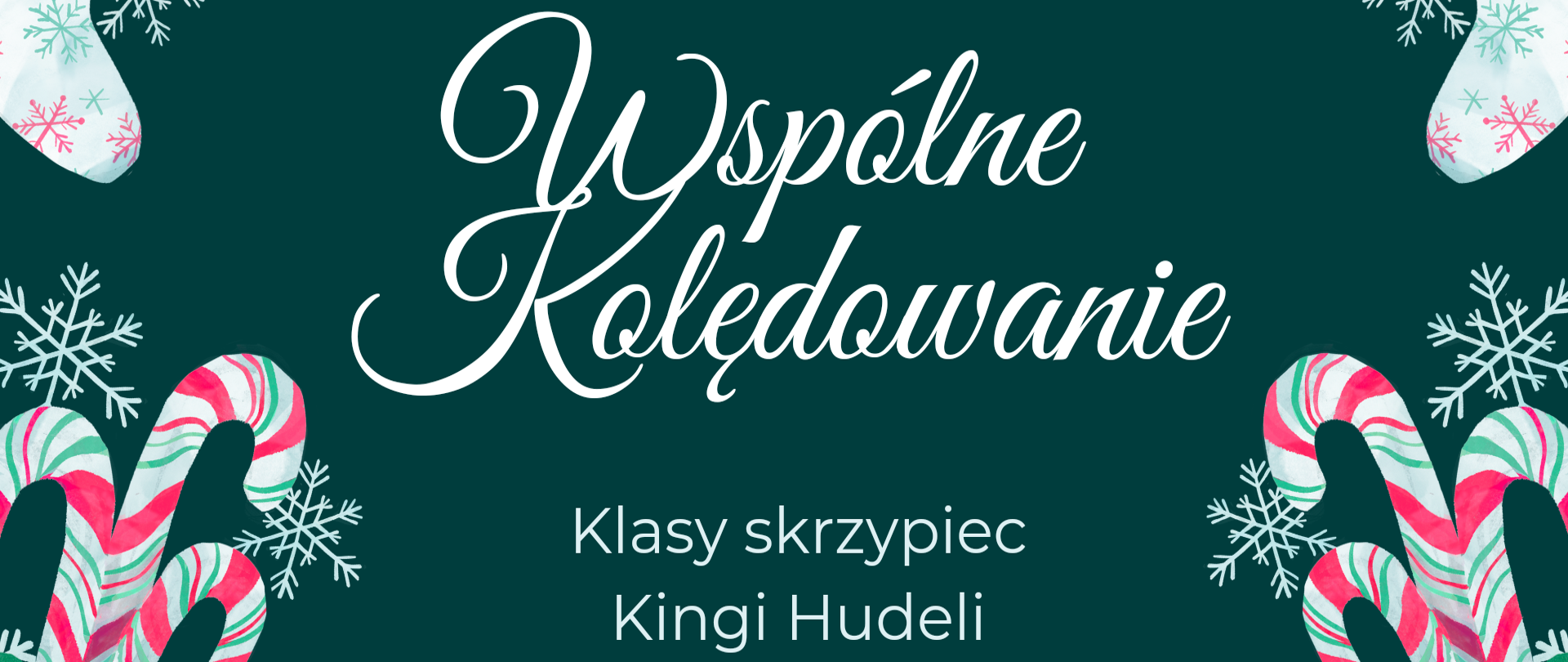 Plakat na ciemnozielonym tle. Od góry falbanka z przyozdobionych zielonych gałązek. Na środku nazwa koncertu i pozostałe informacje dotyczące wydarzenia: wykonawcy, termin, godzina i miejsce. Na dole po dwóch stronach stożkowe choinki. Po bokach motywy świąteczne. Dopełnieniem plakatu jest efekt spadających płatków i kulek śniegu. 