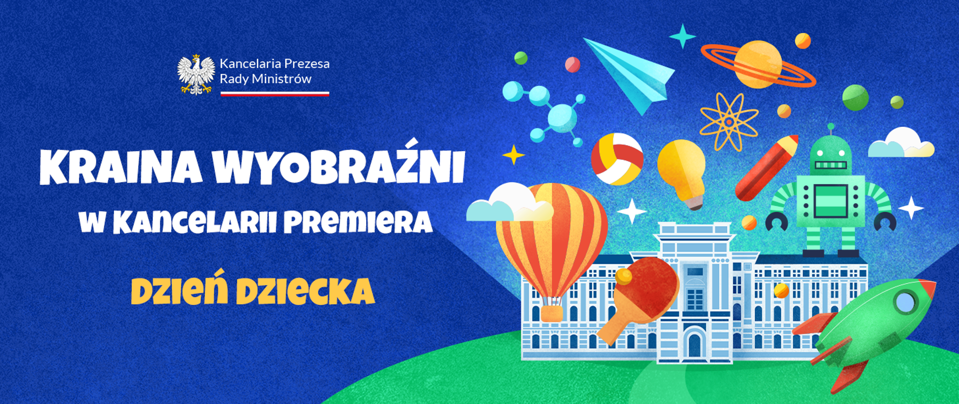 Grafika promująca dzień dziecka w kprm. Na zdjęciu są kolorowe obrazki m.in. rakiety, budynku, robota czy piłki. W górnym lewym rogu jest logo KPRM