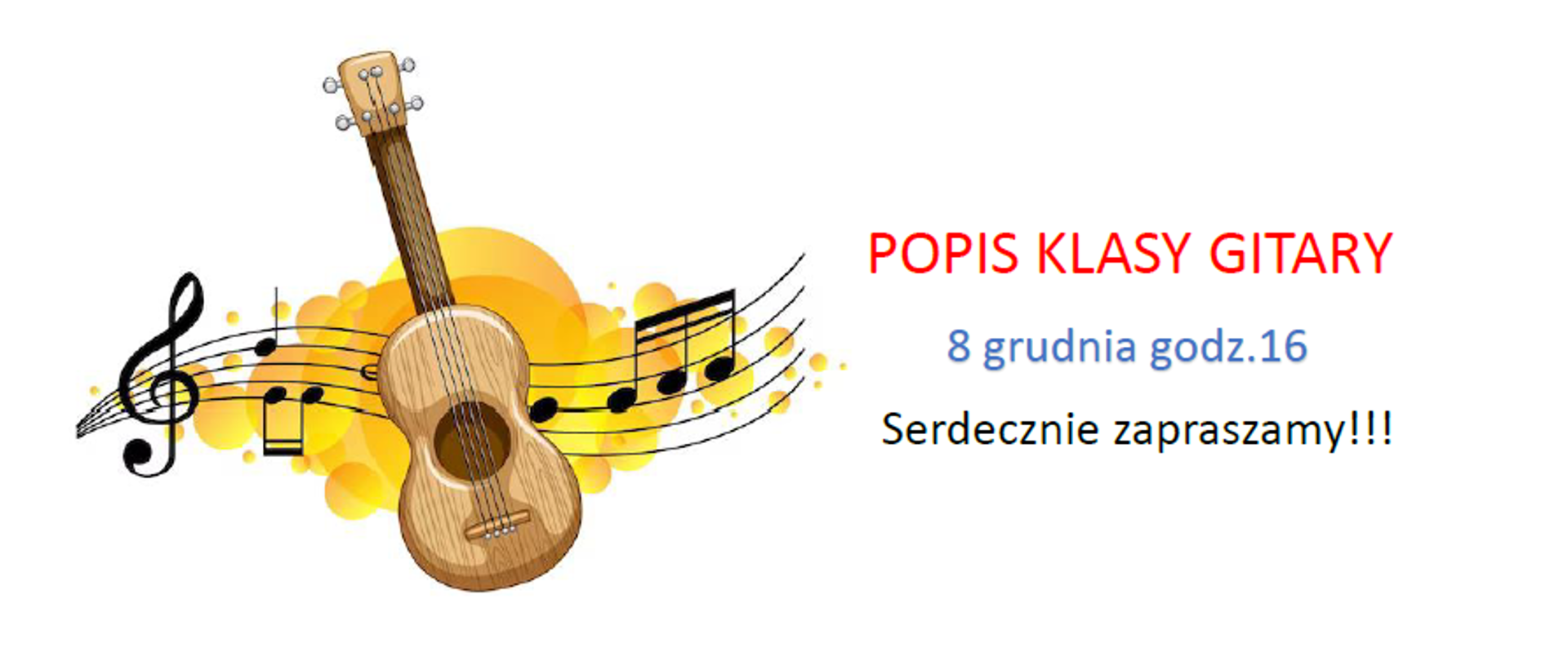 Plakat na białym tle. Po lewej grafika gitary na tle czarnych nut i żółtych plam. Po prawej czerwone, niebieskie i czarne napisy.