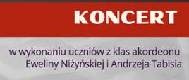 Baner z napisem "Koncert w wykonaniu uczniów z klas akordeonu Eweliny Niżyńskiej i Andrzeja Tabisia.