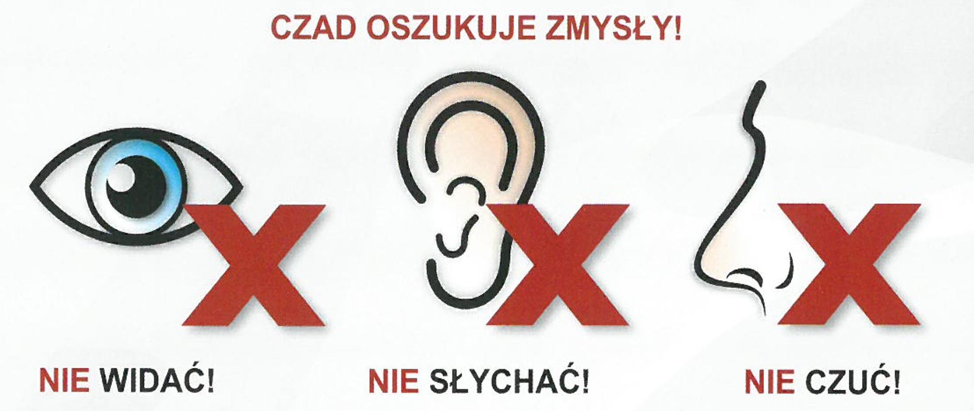 Na białym tle przedstawione są trzy grafiki oka, ucha oraz nosa z umieszczonymi obok nich czerwonymi krzyżykami symbolizującymi, że czadu nie widać, nie słychać oraz nie czuć. Dodatkowo grafiki przedstawiające miejsca i okoliczności powstania czadu tj. kominek, piecyk gazowy, zaklejona kratka wentylacyjna