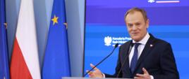 Premier Donald Tusk podczas konferencji prasowej w KPRM.