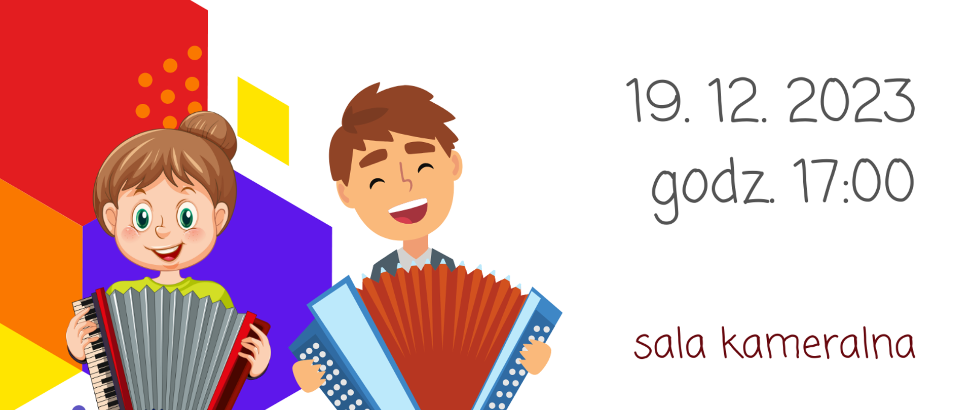 Plakat na białym tle z ikonami akordeonistów i logo szkoły na dole strony oraz tekstem ”Koncert akordeonowy 19 grudnia 2023, godz.17.00 – sala kameralna”