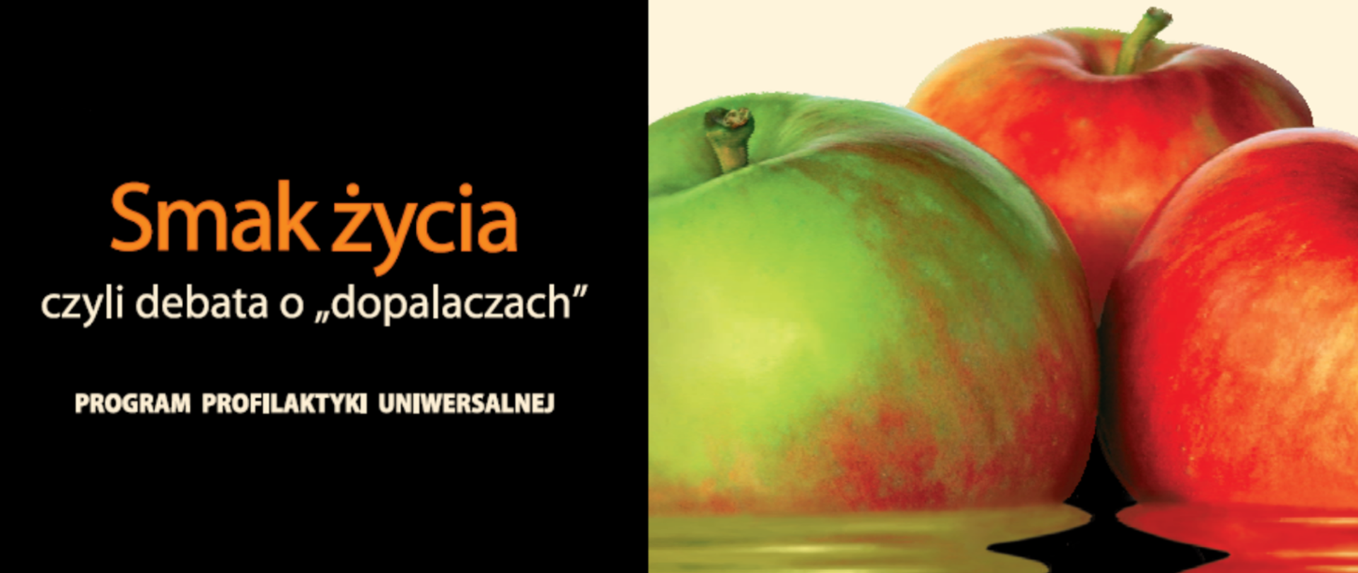 Nazwa programu Smak życia czyli debata o "dopalaczach" oraz grafika w postaci trzech kolorowych jabłek.
