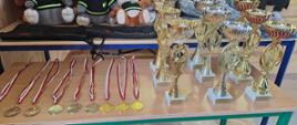 Zdjęcie przedstawia puchary, medale i nagrody dla uczestników turnieju wiedzy pożarniczej