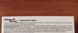 Suplement diety White Horse - opakowanie z tyłu na jasnym szarym tle czarne napisy