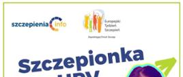 Na białym tle granatowy napis Szczepionka HPV, seledynowa strzałka i dziewczynka z plastrem na ramieniu pokazująca kciuk