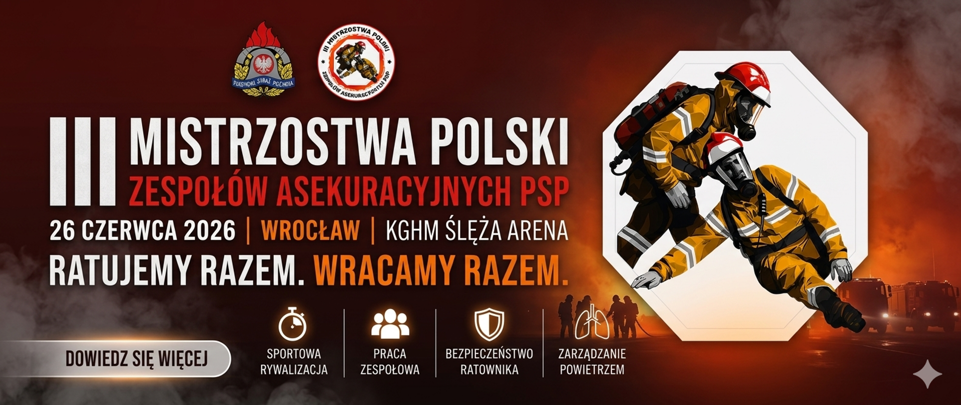 Grafika nagłówkowa (banner) w orientacji poziomej na stronę WWW, przygotowana na ciemnym tle z motywem dymu i ognia pożarowego. Po prawej stronie umieszczono dynamiczną ilustrację dwóch strażaków w pełnym rynsztunku bojowym i aparatach powietrznych na tle białego, ośmiokątnego kształtu przypominającego znak stop. Jeden ze strażaków ewakuuje drugiego.
W centralnej i lewej części znajduje się biały, czytelny napis: „III MISTRZOSTWA POLSKI ZESPOŁÓW ASEKURACYJNYCH PSP”, pod którym widnieje data „26 CZERWCA 2026”, miejsce „WROCŁAW | KGHM ŚLĘŻA ARENA” oraz hasło: „RATUJEMY RAZEM. WRACAMY RAZEM.”. Na samej górze umieszczono logo Państwowej Straży Pożarnej oraz oficjalne logo mistrzostw.
W dolnej części grafiki znajdują się ikony symbolizujące: sportową rywalizację, pracę zespołową, bezpieczeństwo ratownika oraz zarządzanie powietrzem. W lewym dolnym rogu umieszczono podłużny, szary przycisk z napisem „DOWIEDZ SIĘ WIĘCEJ”.