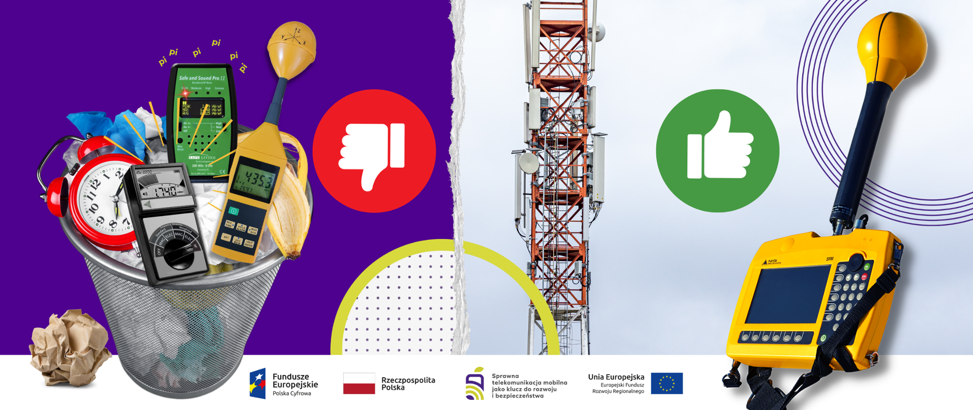 Grafika przedstawia amatorskie mierniki pola elektromagnetycznego po lewej stronie leżące w koszu na śmieci oraz profesjonalny przyrząd pomiarowy NARDA po prawej stronie.
