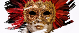 Na grafice zdjęcie maski karnawałowej weneckiej w kolorach złoto czerwonych
