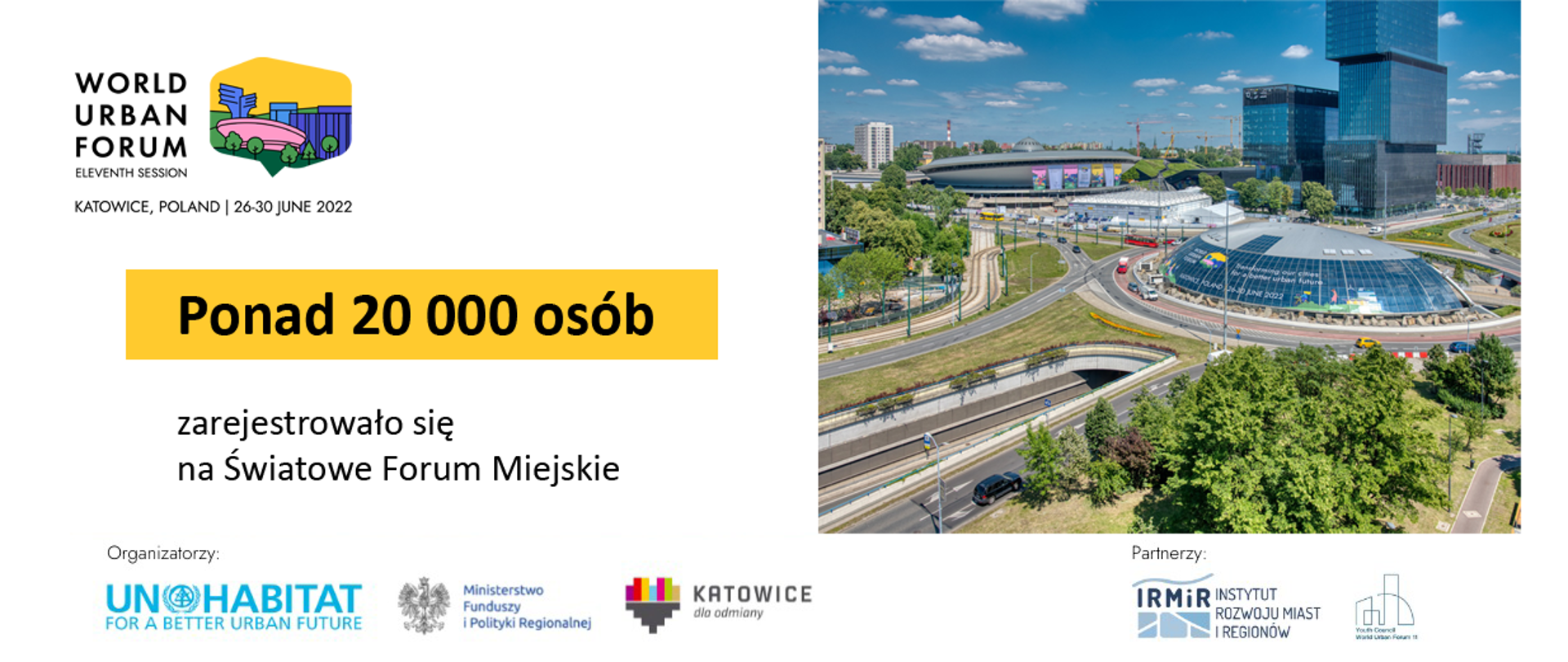 Po lewej stronie grafiki napis: "Ponad 20 000 osób zarejestrowało się na Światowe Forum Miejskie". Po prawej zdjęcie Katowic. Na dole logotypy.