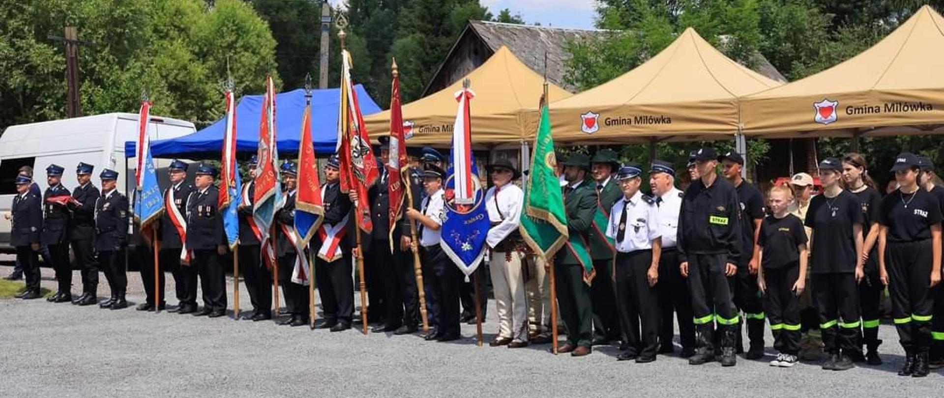 Poczet flagowy, poczty sztandarowe oraz zaproszeni goście stoją w szeregu. 