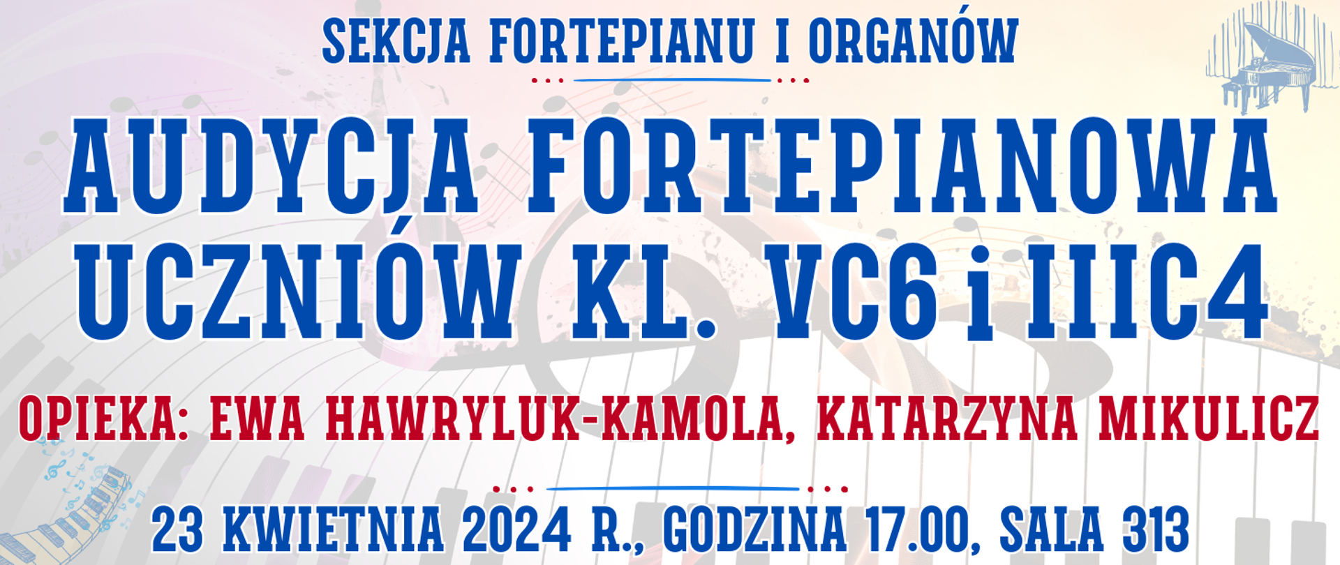 kolorowe tło z muzycznymi elementami typu clipart oraz informacja o wydarzeniu