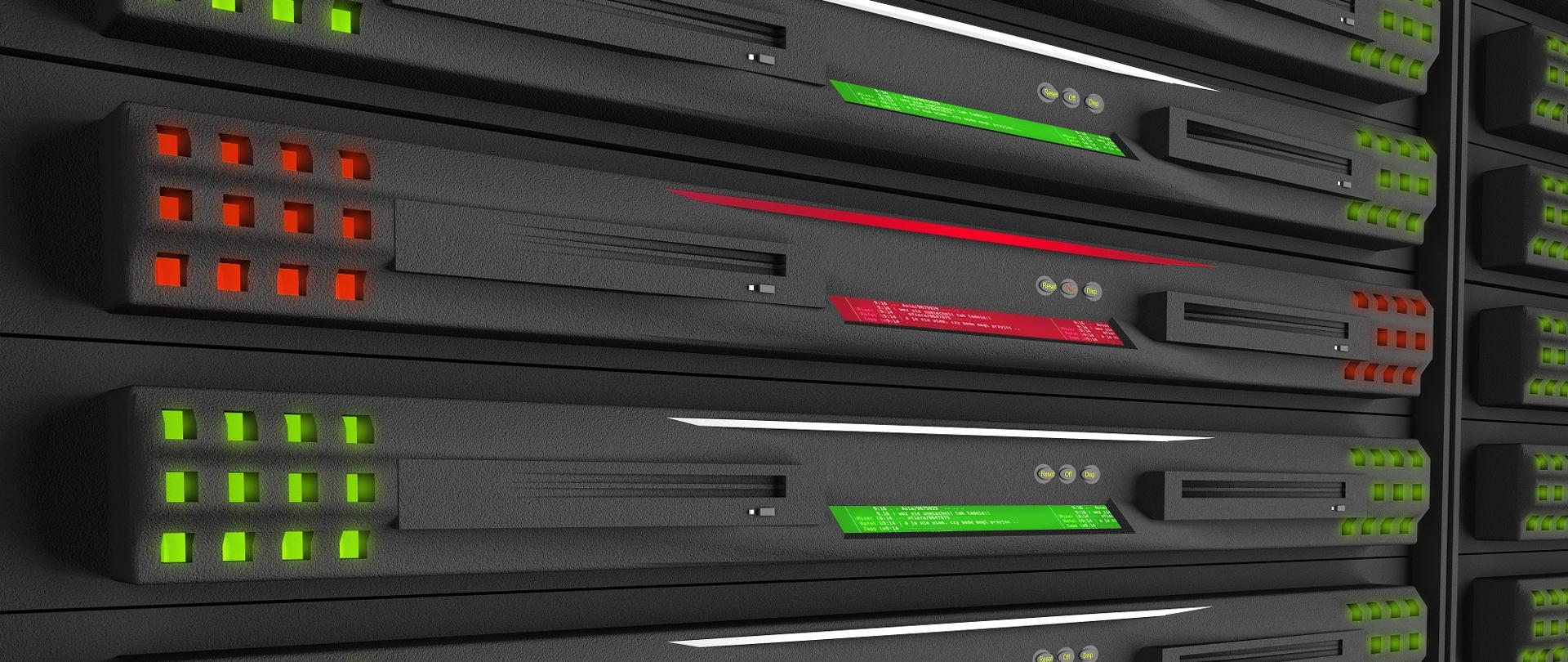 Grafika - szafa z modułami serwerów z zielonymi i czerwonymi LED-ami.