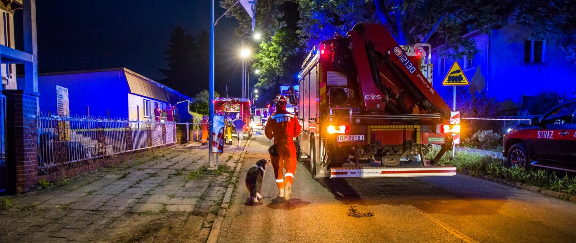 Zdjęcie przedstawia idącego strażaka SGPR Jastrzębie Zdrój z psem ratowniczym