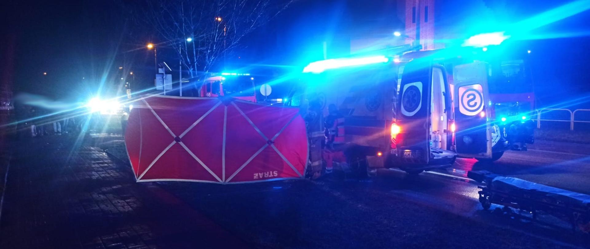 Pora nocna na drodze widać ustawione pojazdy Pogotowia Ratunkowego oraz Straży Pożarnej. Całość rozmywają niebieskie światła ostrzegawcze służb ratunkowych. Na pierwszym planie widoczny czerwony parawan Straży Pożarnej zapewniający intymność w trakcie prowadzonych działań ratowniczych. Wokół, którego widać sylwetki strażaków oraz ratowników medycznych. W tle widać wieżę kościoła, która zbudowana jest z czerwonej cegły. 
