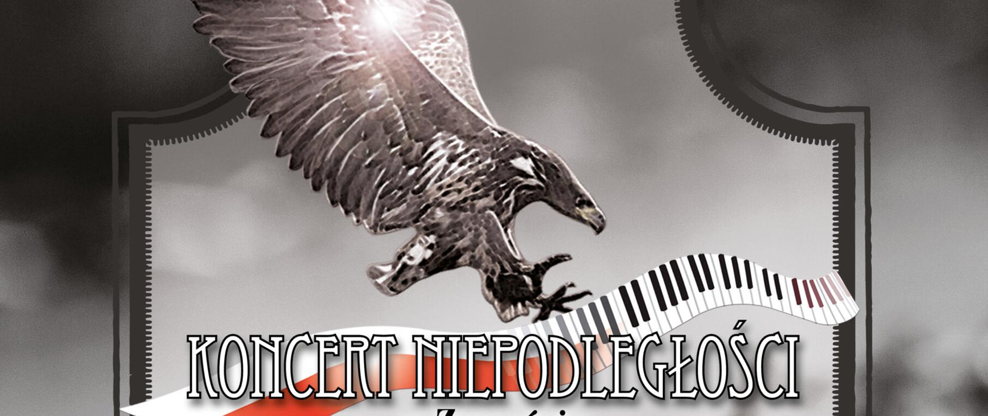 Plakat o szarym tle, pośrodku ozdobna tablica, na jej środku rysunek orła z uniesionymi skrzydłami i wyciągniętymi szponami niosącego biało-czerwoną wstęgę przechodzącą w klawiaturę fortepian. U góry tablicy napis Zamość, 27 listopada 2022r. godz. 17. Poniżej orła napis: Koncert Niepodległości w Zamościu, Rok XIV, edycja 47, z okazji "80 Rocznicy wysiedleń mieszkańców Zamojszczyzny" Kościół Zwiastowania Najświętszej Maryi Panny. Wykonawcy: Ola Turkiewicz - śpiew, Jan Szwal - śpiew, oraz Zespół Koncertu Niepodległości w składzie: Paweł Jabłoński - fortepian, akordeon, Krzysztof Kowalewski - gitara, Marcin Ritter - gitara basowa, Damian Szajkowski - perkusja, Chór dziecięcy Państwowej Szkoły Muzycznej w Zamościu, Orkiestra Symfoniczna im. Karola Szymanowskiego w Zamościu pod dyrekcją Tadeusza Wicherka, Robert Czebotar - narracja, Jacek "Wiejski" Górski - scenariusz i reżyseria.
www.namyslowiacy.pl www.koncertniepodleglosci.pl. W białej stopce plakatu loga organizatorów: Starosta Zamojski Stanisław Grześko, Wójt Gminy Skierbieszów Stanisław Sokal, Instytut Pamięci Narodowej Oddział w Lublinie, Organizacje Kombatanckie, Patronat Honorowy Prezydenta Miasta Zamościa Andrzeja Wnuka, Patronat Marszałka Województwa Lubelskiego Jarosława Stawiarskiego, Orkiestra Symfoniczna im. Karola Namysłowskiego w Zamościu, Zamość Twierdza otwarta, Fundacja Dziedzictwa Rzeczypospolitej, Fundacja "Dla Zamojskiej Orkiestry"