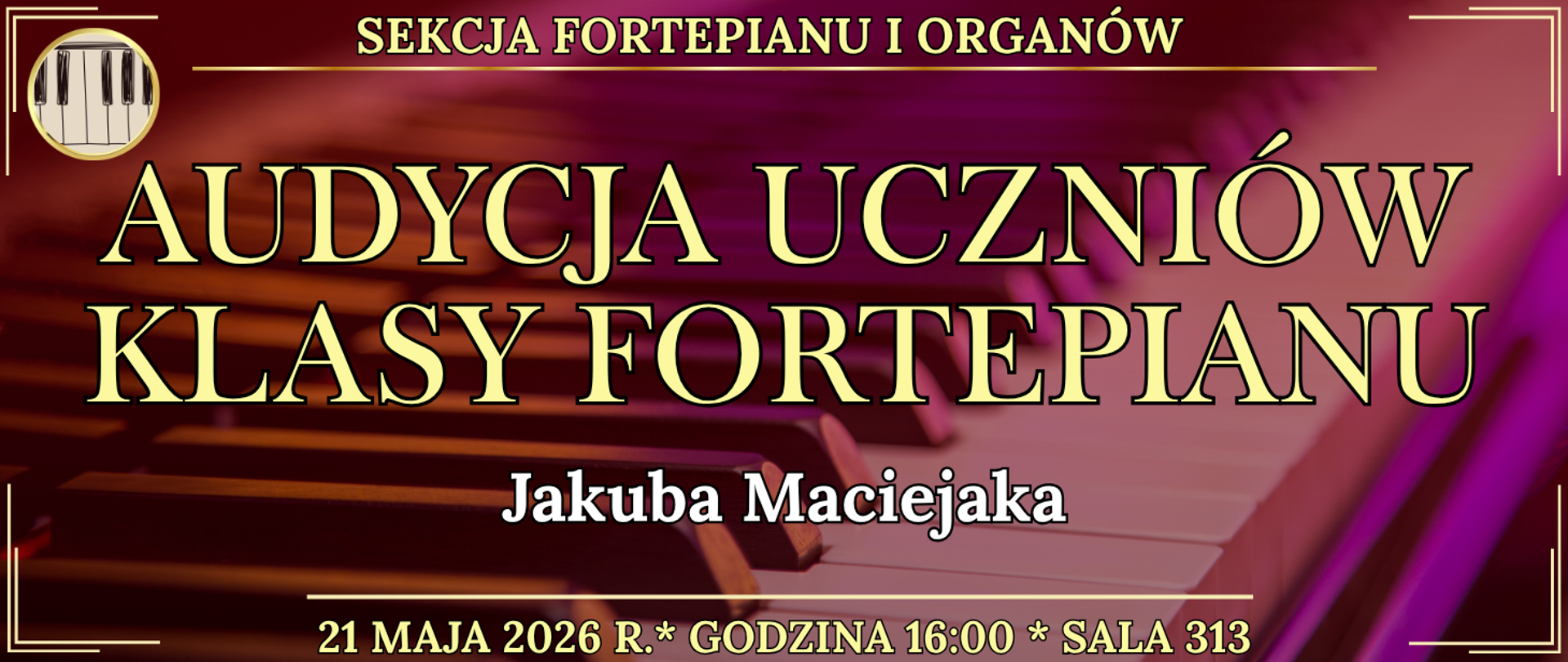 baner w tle klawiatura fortepianu oraz informacja o wydarzeniu