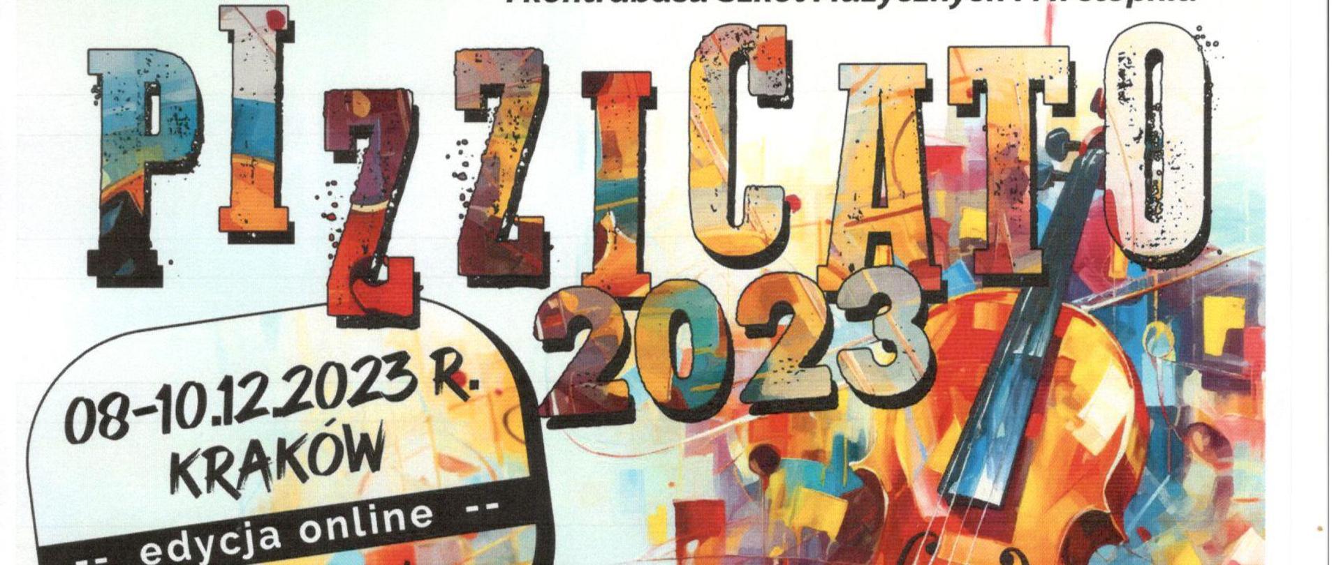 Kolorowy napis, szare tło, szkrzypce