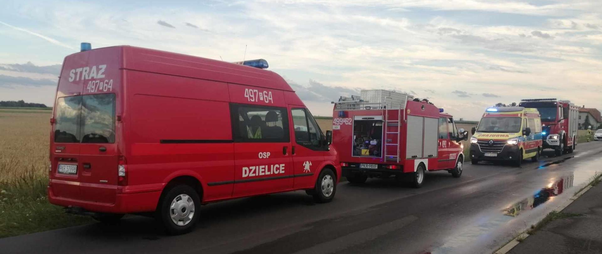 Na zdjęciu trzy pojazdy straży pożarnej oraz zespół ratownictwa medycznego usytuowane w kolumnie na jednym pasie drogi powiatowej. Ruch odbywa się wahadłowo. W zdarzeniu poszkodowana została jedna osoba, której udzielana jest pomoc medyczna na poboczu drogi