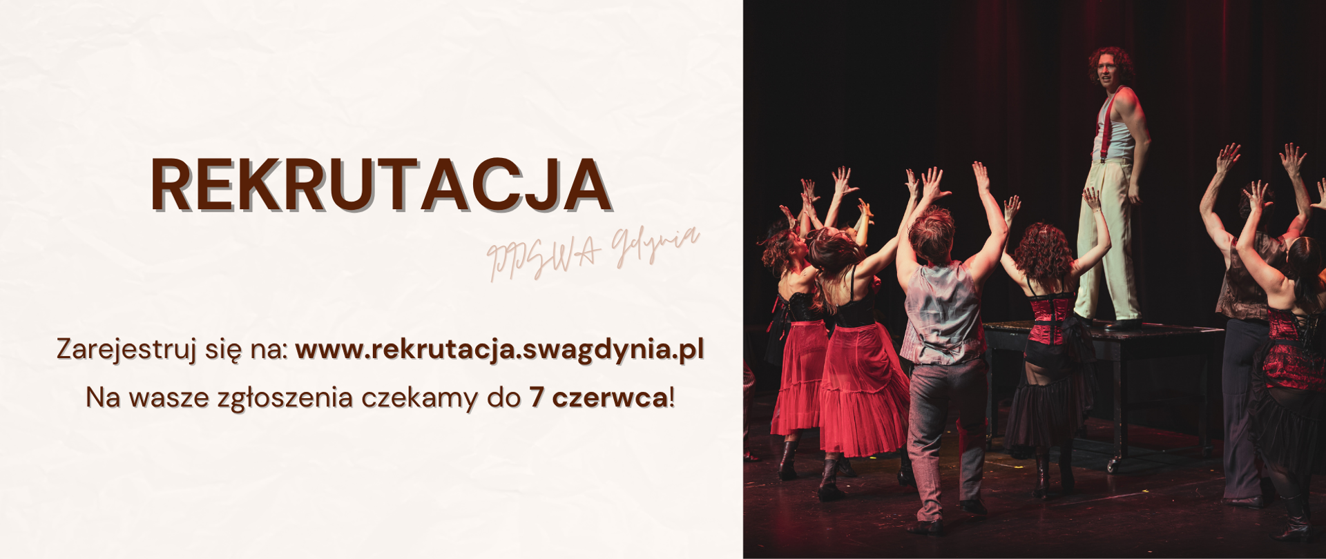 Zdjęcie podzielone. Prawa strona zdjęcie z Koncertu Dyplomowego, z lewej informacja Rekrutacja do PPSWA Zarejestruj się na: rekrutacja.swagdynia.pl, czekamy na wasze zgłoszenia do 7 czerwca