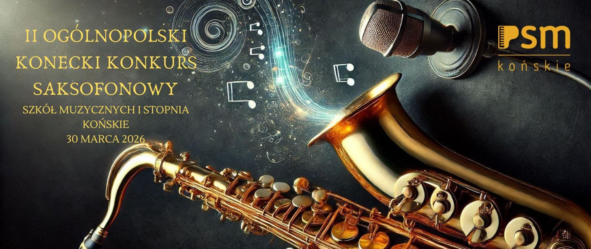 czarny baner, złote litery, złote logo saksofonu