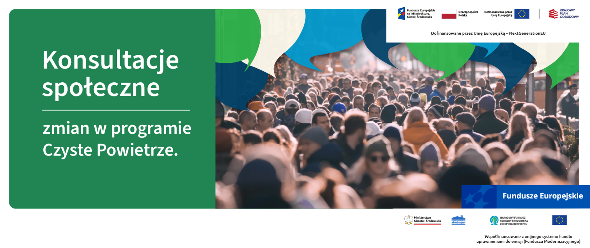 Grafika informacyjna. Fundusze europejskie. Konsultacje społeczne zmian w programie czyste powietrze.