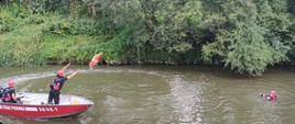 Po lewej stronie zdjęcia widoczna jest łódź z dwoma strażakami. Jeden steruje łodzią a drugi rzuca koło ratunkowe osobie znajdującej w wodzie (po prawej stronie zdjęcia). Na pierwszej planie widać rzekę a na drugim drzewa i zarośla.