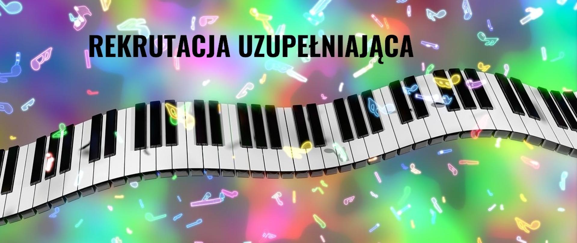 Grafika klawiatury pianina pofalowanego, tło wielokolorowe i nutki w około