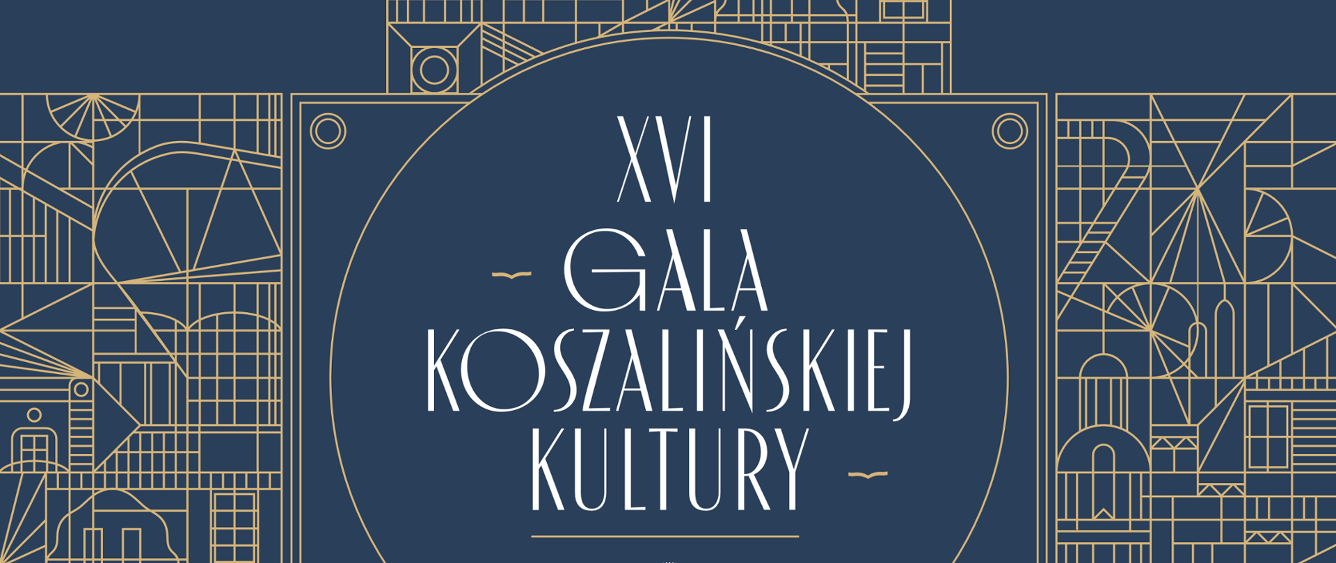 Granatowa grafika: XVI Gala Koszalińskiej Kultury. Złote wzory geometryczne, napis i jubileuszowy logotyp 760 lat miasta.