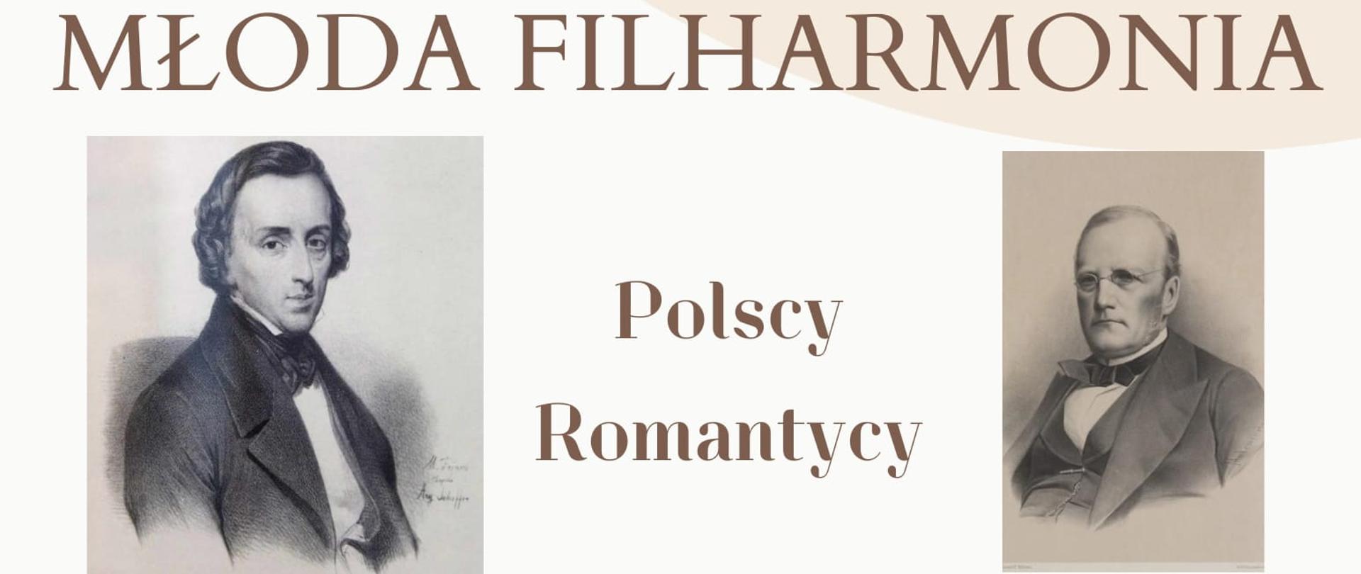 na beżowym tle brązowe napisy, w górnej części portrety Szopena i Moniuszki, na dole plakatu czarna sylwetka dyrygenta i orkiestry