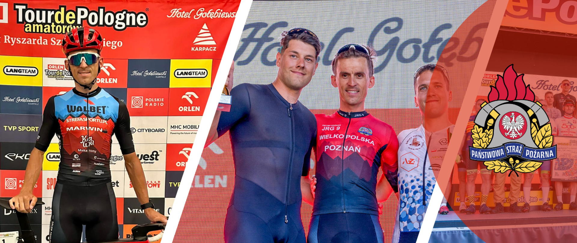 Zdjęcie przedstawia strażaków, którzy wzięli udział w wyścigu kolarskim i jako laureaci odebrali nagrody.