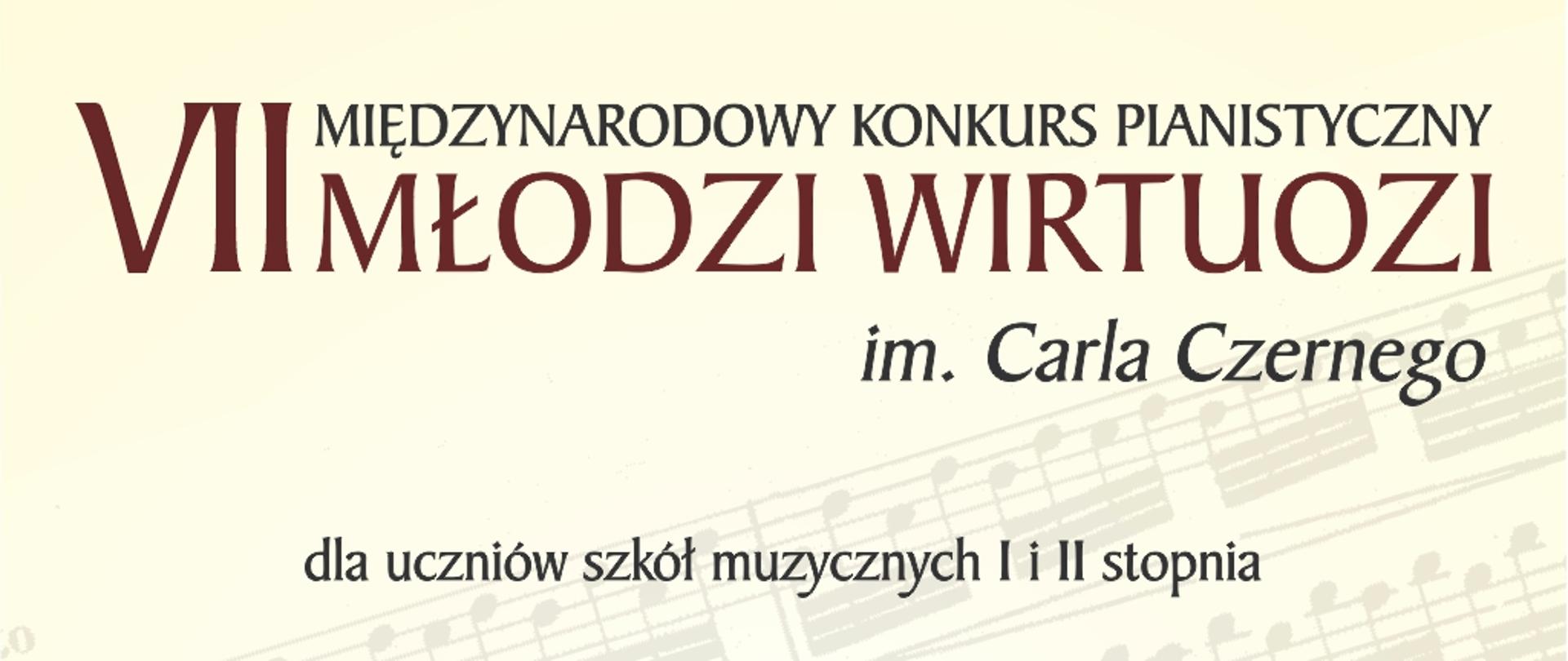 Plakat w kolorze białym z delikatnym tłem zapisu nutowego ułożonego skośnie. Główny motyw plakatu znajduje się w jego dolnej części. Jest nim fragment klawiatury fortepianu a nad nim popiersie Carla Czernego. Na prawo od popiersia umieszczono logo Partnerów imprezy: Polskie Wydawnictwo Muzyczne, Fast Graw, Rada Rodziców PSM I i II st. im. K. Szymanowskiego w Zamościu. Na plakacie znajdują się też informacje o następującej treści: u góry: "VII Międzynarodowy Konkurs Pianistyczny "Młodzi Wirtuozi" im. Carla Czernego". Poniżej: "dla uczniów szkół muzycznych I i II stopnia". Poniżej: "Termin zgłoszeń do 07 kwietnia 2024 r." Poniżej: "Ogłoszenie wyników 16 kwietnia 2024". Poniżej, po lewej popiersie Carla Czernego. Po prawej informacja w ramce o treści: "ONLINE". Poniżej, po prawej: Partnerzy i logo z informacjami opisanymi wcześniej. U dołu napis: "Zamość, 2024".