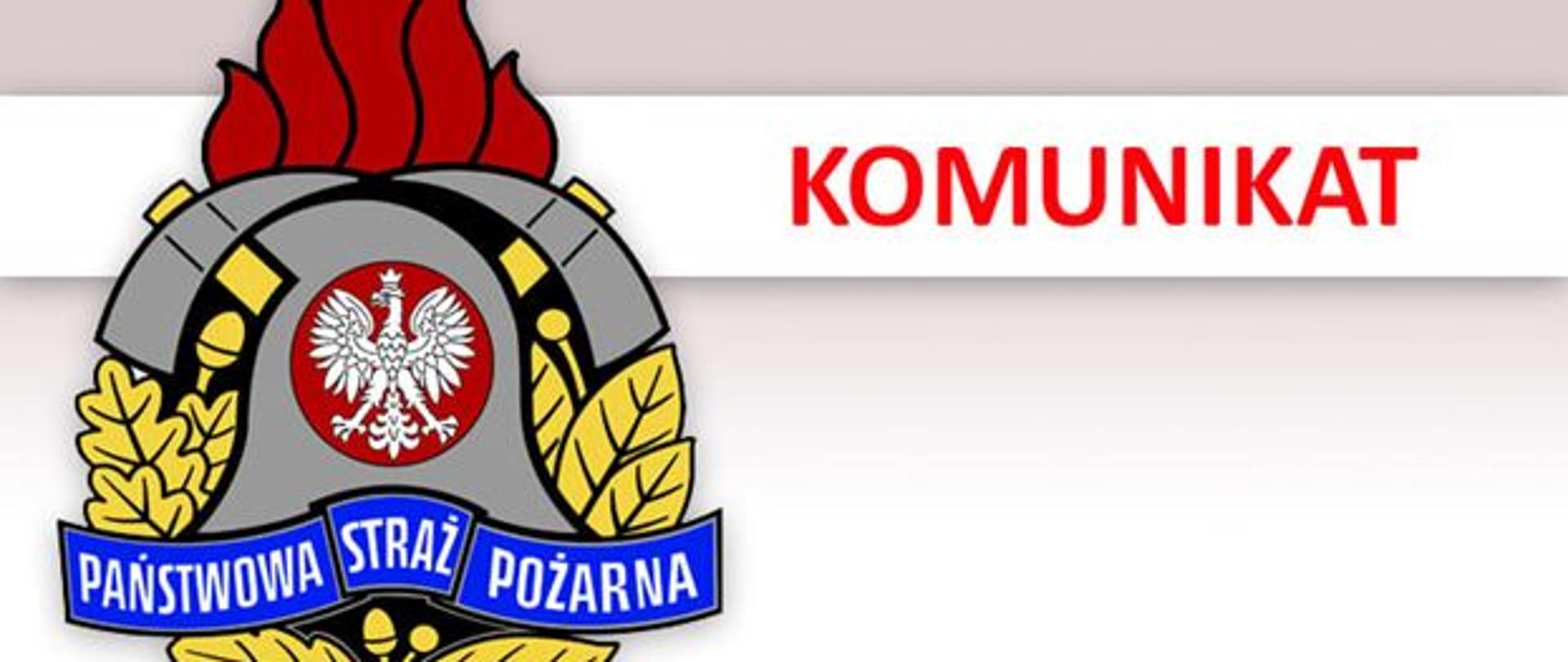 Obraz przedstawia logo PSP z czerwonym napisem KOMUNIKAT