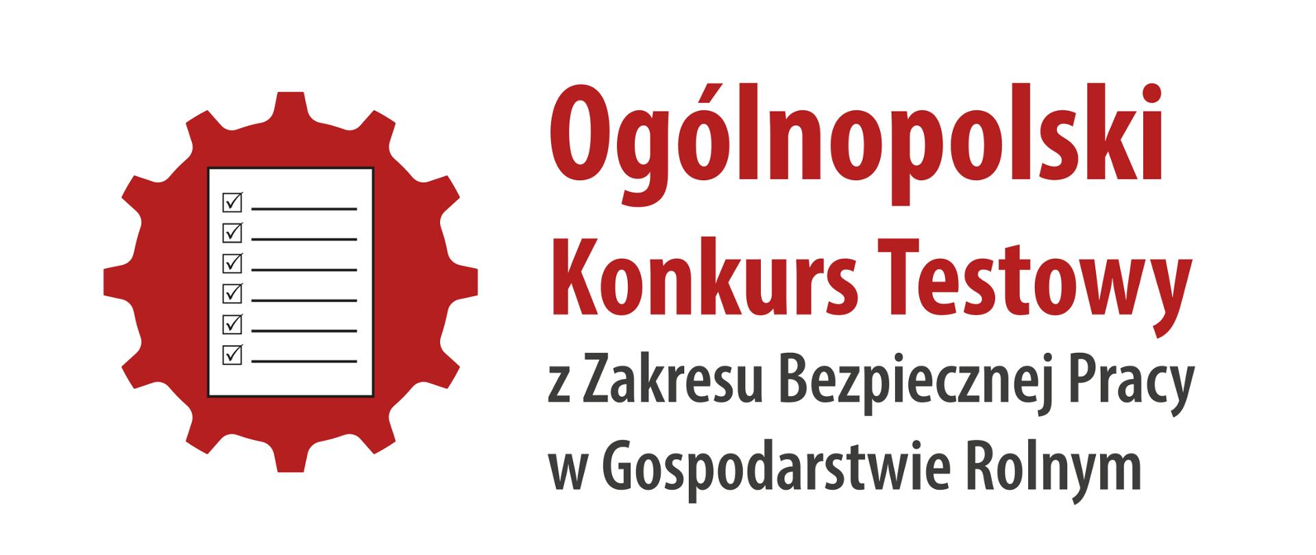 Na białym tle koło zębate z listą kontrolną. Obok napis VII Ogólnopolski Konkurs Testowy z Zakresu Bezpiecznej Pracy w Gospodarstwie Rolnym.