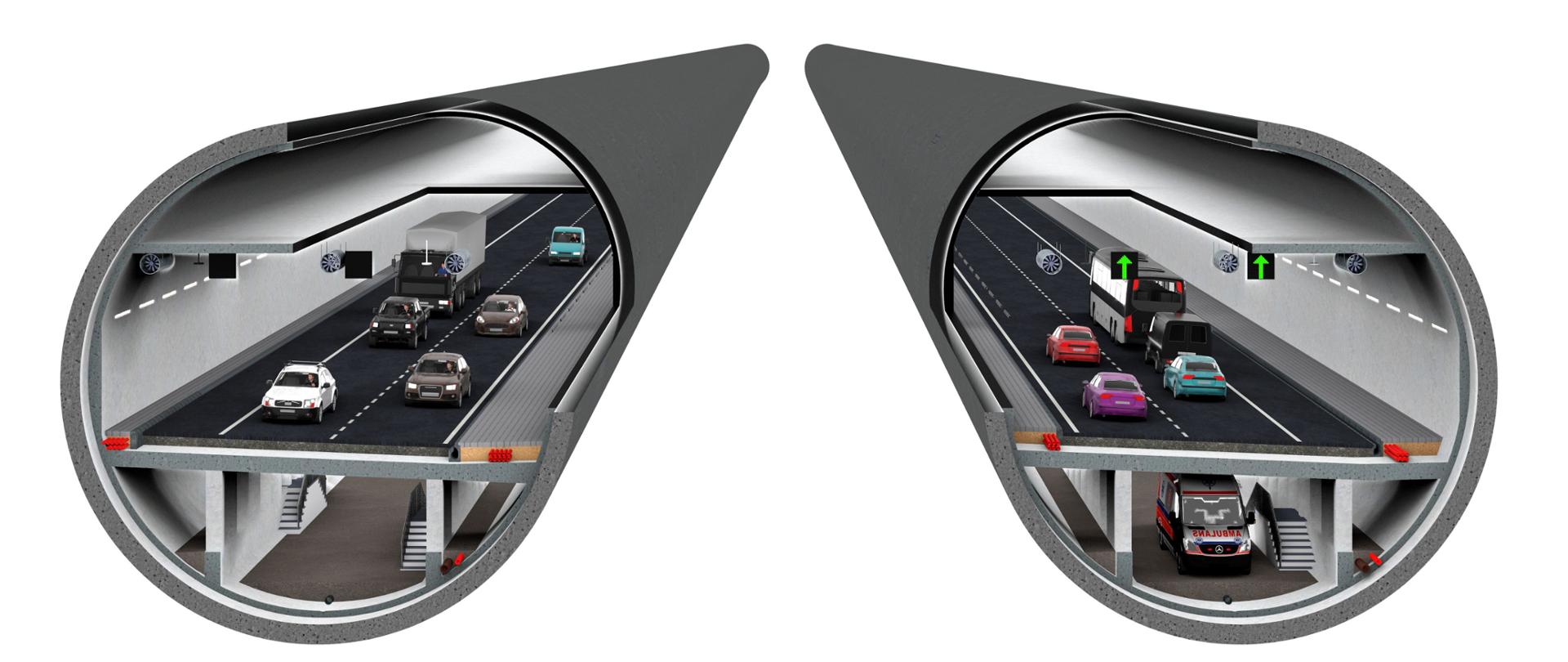 Grafika pokazująca przekrój przez tunel pod Odrą z widocznym wnętrzem tunelu i pojazdami.