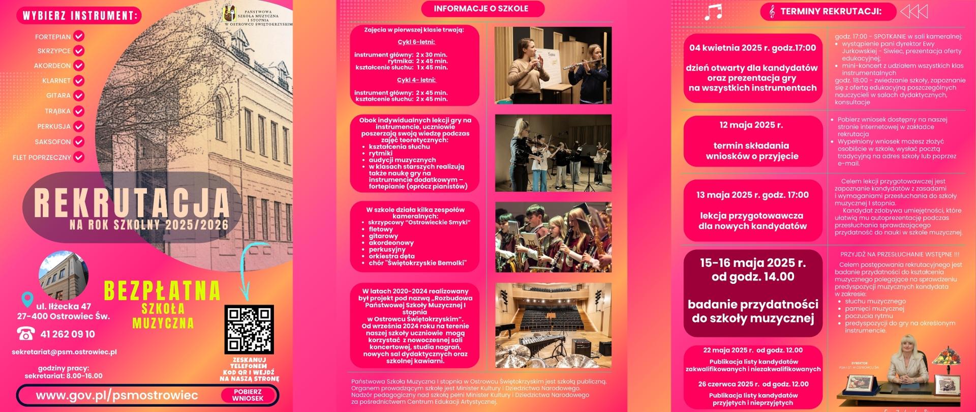 informacje o rekrutacji kolorowe litery na różowym tle z budynkiem szkoły po środku z logo szkoły