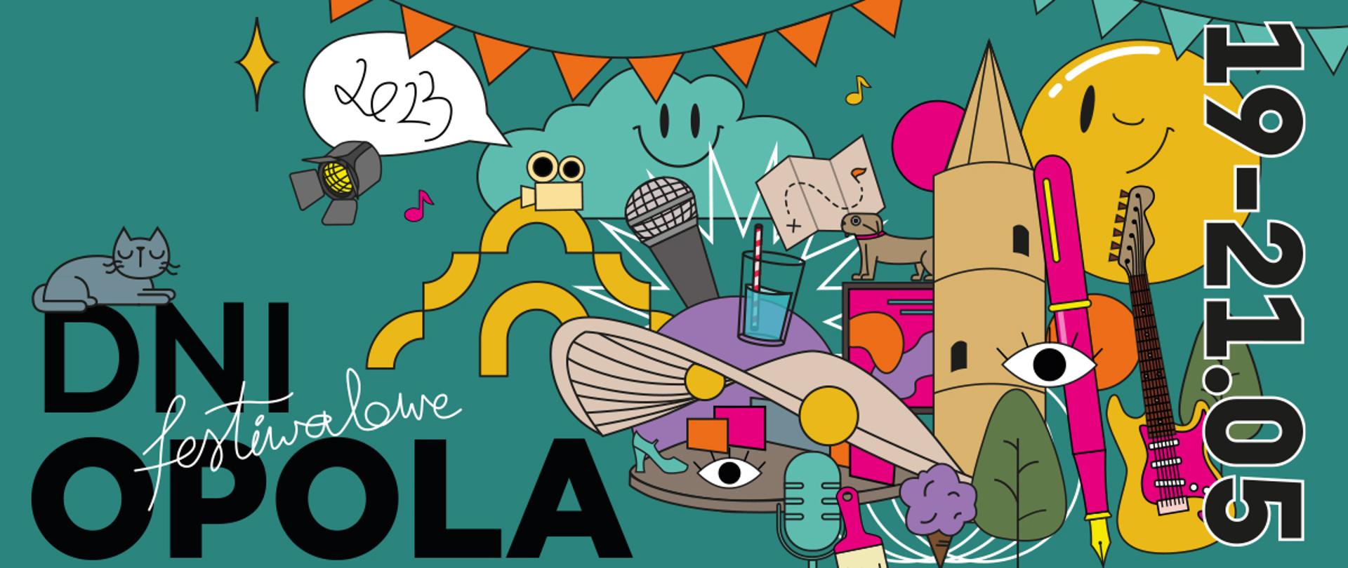z prawej strony kolaż kolorowych grafik przedstawiających między innymi Wieżę Piastowską i Amfiteatr Opolski, z lewej strony czarny napis Dni Opola, całość na tle kolorze butelkowej zieleni