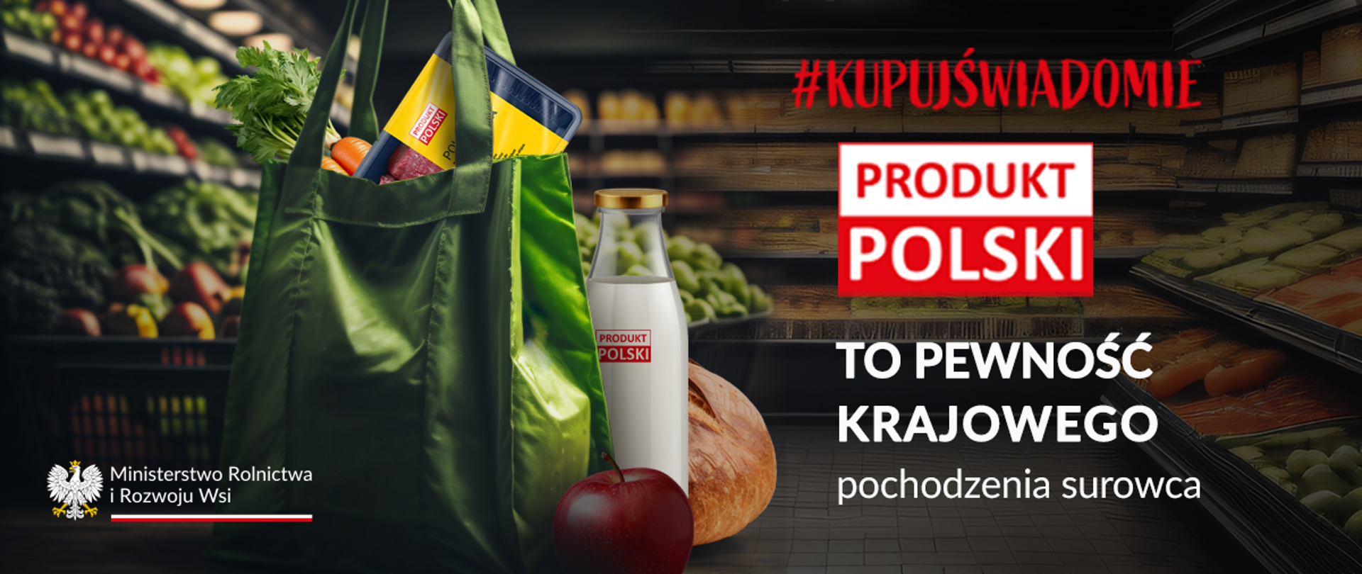 torba z zakupami spożywczymi, obok butelka z mlekiem, jabłko i pieczywo, w tle półki w sklepie spożywczym 