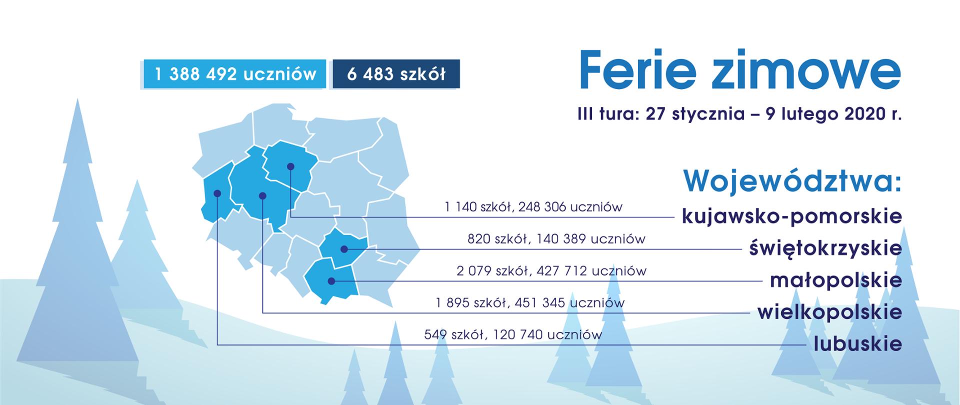 Grafika przedstawiająca mapę Polski wraz z zaznaczonymi województwami, w których rozpoczynają się ferie zimowe. 
