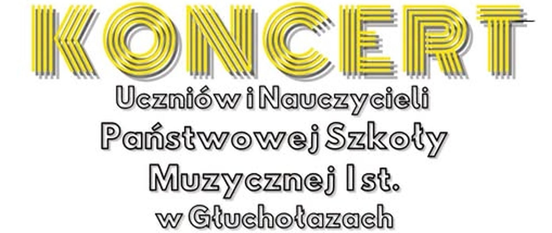Plakat białe tło w lewym górnym rogu logo Głuchołaz według ustalonego znaku centralnie zdjęcie przedstawiające dużą grupę dzieci na scenie wraz z osobą prowadzącą trzymającą mikrofon w dłoni na samym dole logo Centrum Kultury Głuchołaz oraz GOSiR napisy burmistrz Głuchołaz zaprasza na letniej niedzielne koncerty w muszli Leśnej koncert uczniów i nauczycieli Państwowej Szkoły muzycznej pierwszego stopnia w Głuchołazach 21 czerwca 2026 17:00 Muszla Leśna.
