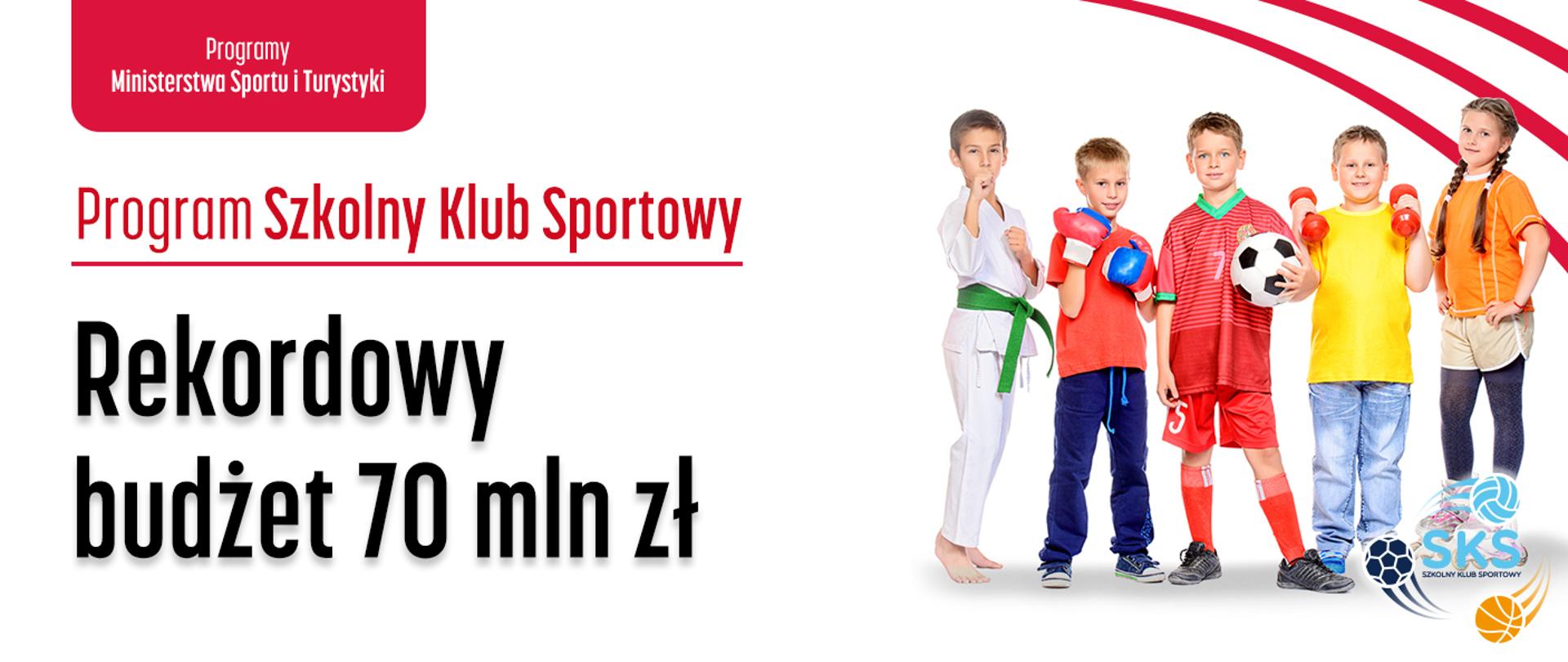 Rusza nabór na operatorów Programu Szkolny Klub Sportowy w 2023 roku. Na grafice dzieci ze sportowymi akcesoriami oraz napis: Rekordowy budżet 70 mln zł