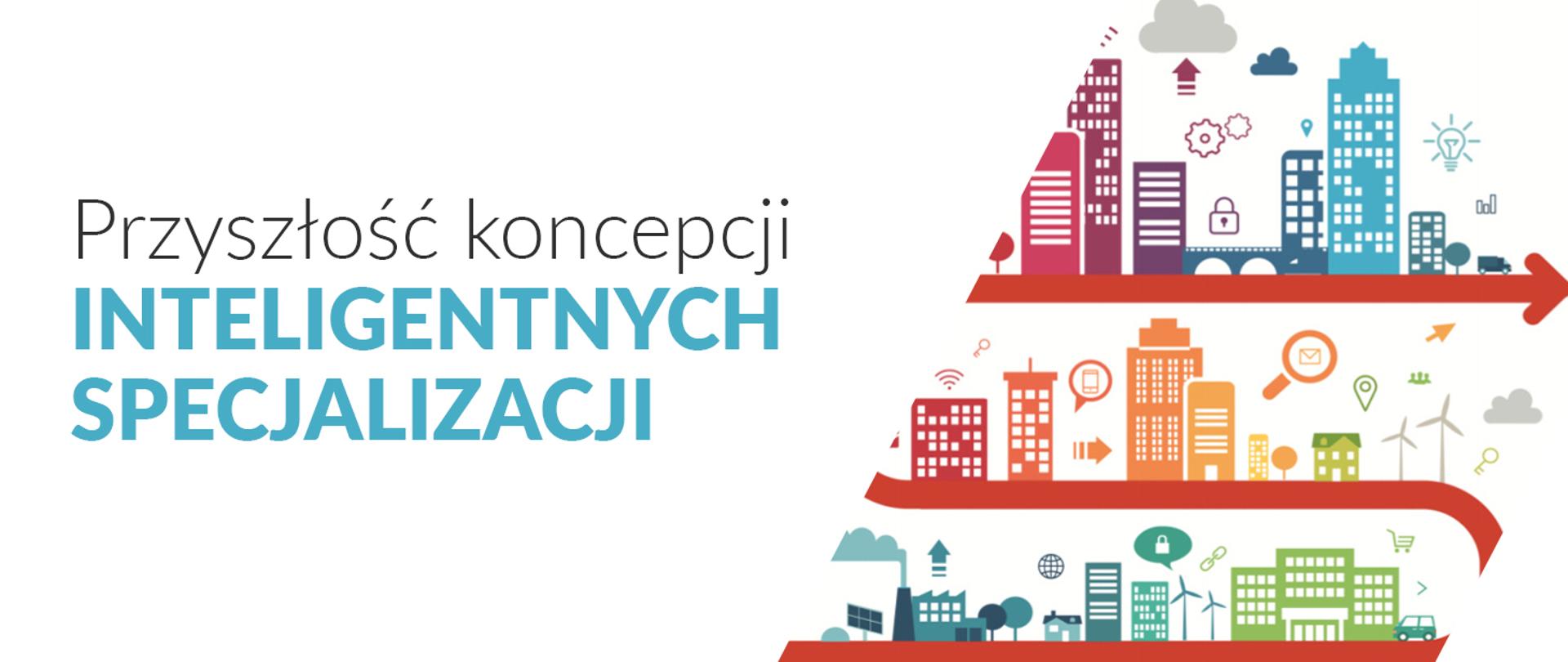 Napis: przyszłość koncepcji Inteligentnych specjalizacji. W tle sylwetki budynków