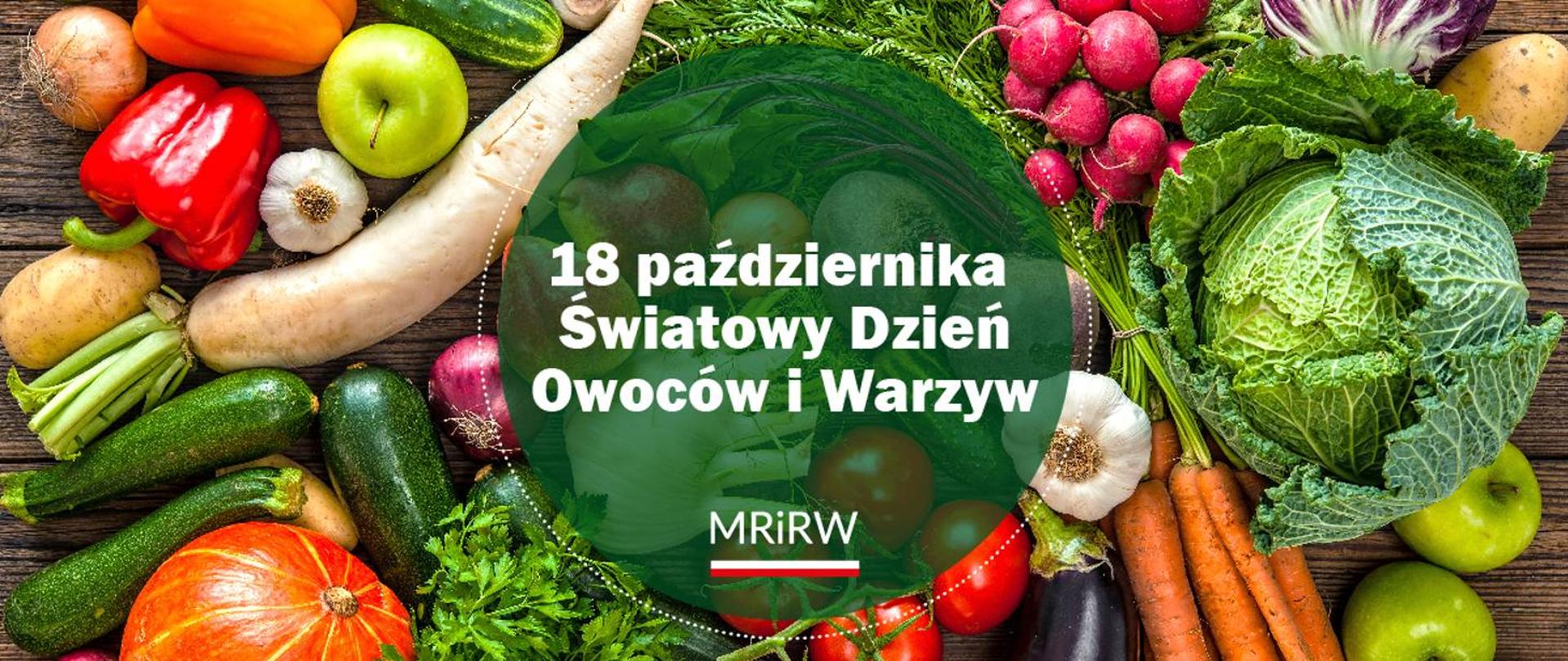 Na kolorowym tle z motywami warzyw i owoców informacja: Światowy Dzień Owoców i Warzyw 18.10.2025r. MRiRW